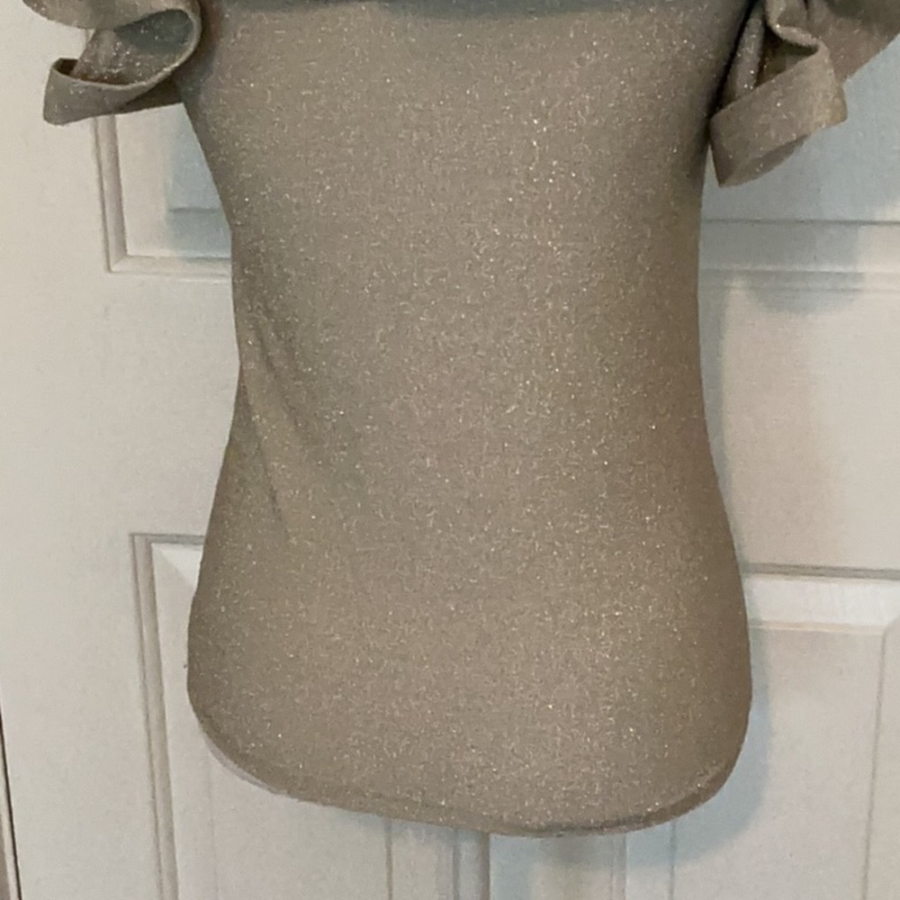 NWOT Gracia Silver Metallic Ruffled Shoulder Top - Picture 7 of 10